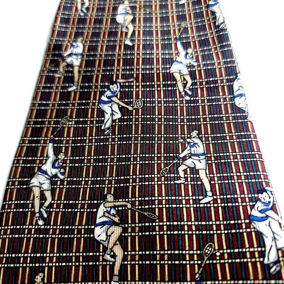 Tommy Hilfiger Green Red Tan Tennis Print Short Wide Silk Tie - Picture 2 of 7